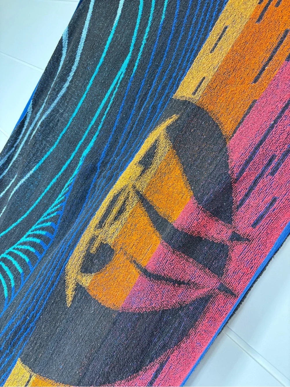 Two Vintage Reversible Woven Cotton Beach Towels with Sailboat Sunset 80s